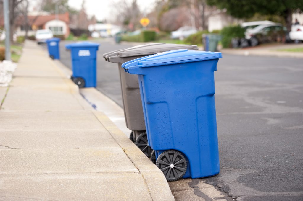 collection bins lined up on curbside