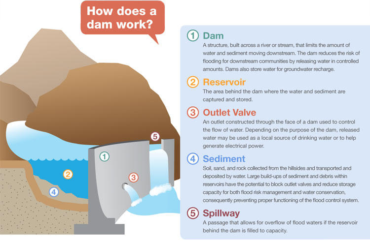 Graphic explaining how dam work, with components such as dam, reservoir, outlet valve, sediment, and spillway.
